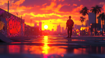 Empty skatepark with graffiti-covered ramps and palm trees against a vibrant sunset, capturing a sense of solitude and untapped potential with a blurred modern background and open caption space
