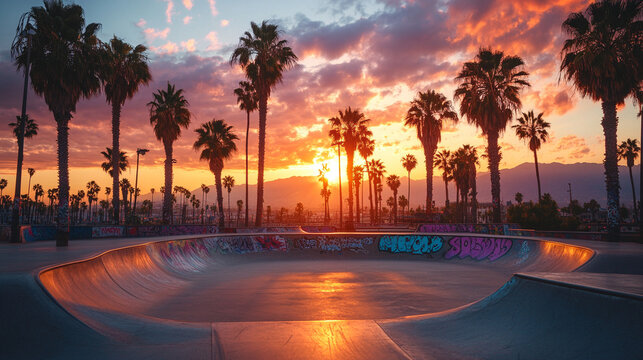 Empty skatepark with graffiti-covered ramps and palm trees against a vibrant sunset, capturing a sense of solitude and untapped potential with a blurred modern background and open caption space
