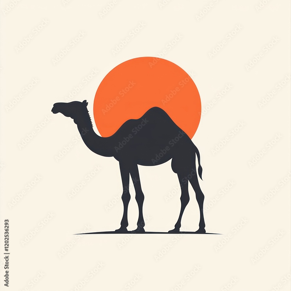 Poster silhouette of a camel walking with a sun setting in the background for desert themes