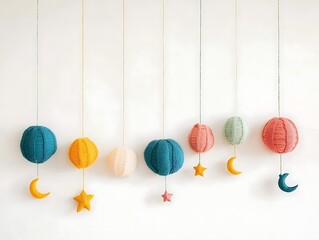 Colorful Yarn Balls and Stars Moon Mobile Hanging Decor