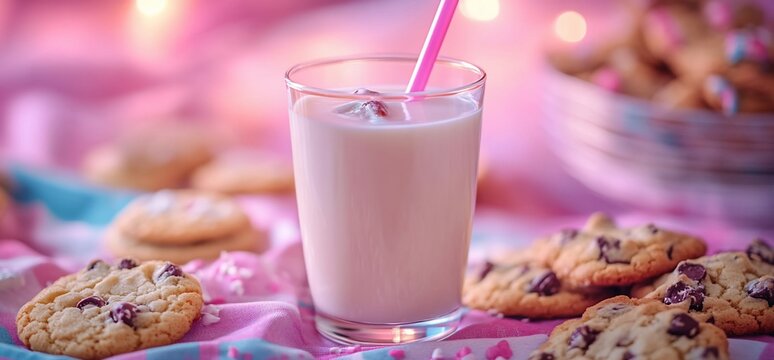 Cookies and milk on pink tablecloth. Sweet treat. Food photography