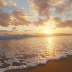 Serene sunset over ocean waves gently lapping sandy shore.