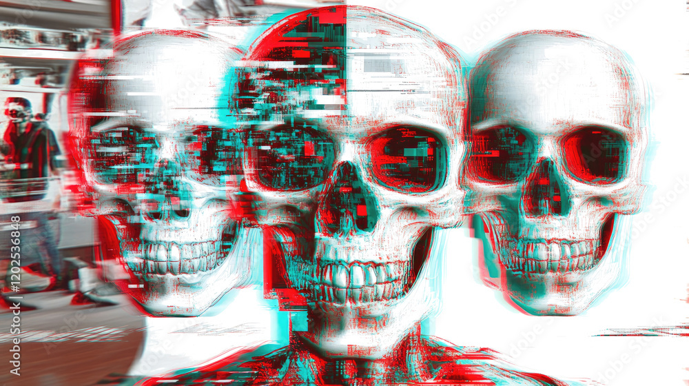Poster digital illustrations of glitchy skulls in a set generative ai