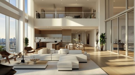 Obraz premium Luxury apartment floor plan featuring expansive living areas, a gourmet kitchen, and panoramic views