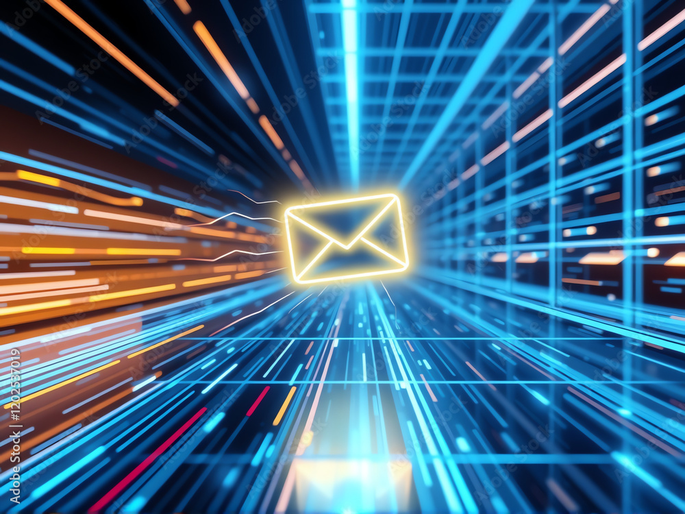 Poster digital mail icon in abstract data stream
