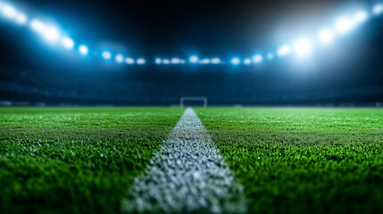 A detailed template of a football match background with a richly textured green field, flanked by two contrasting team logos glowing in vibrant colors, under the dramatic shadows o