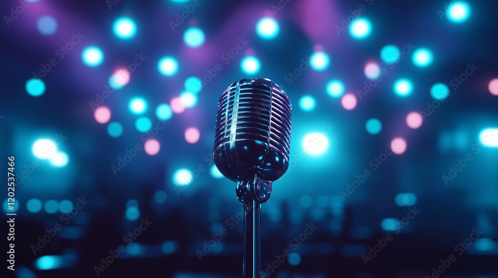 Poster a dynamic scene featuring a retro microphone with a polished chrome finish, surrounded by glowing bo