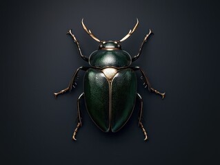 Closeup of a metallic green beetle with gold accents on a dark background