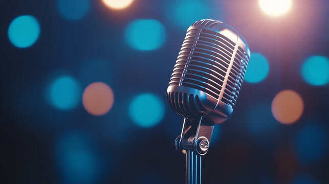 A shiny vintage microphone illuminated by soft golden spotlights, set against a colorful bokeh backdrop that captures the lively atmosphere of a singing contest or karaoke event