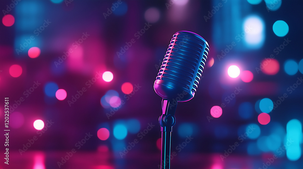 Poster a minimalist yet striking composition of a microphone on a stand with colorful bokeh lights, evoking