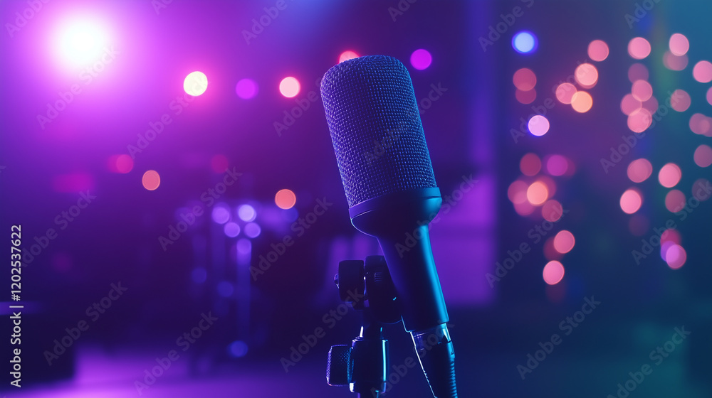 Poster a minimalist yet striking composition of a microphone on a stand with colorful bokeh lights, evoking