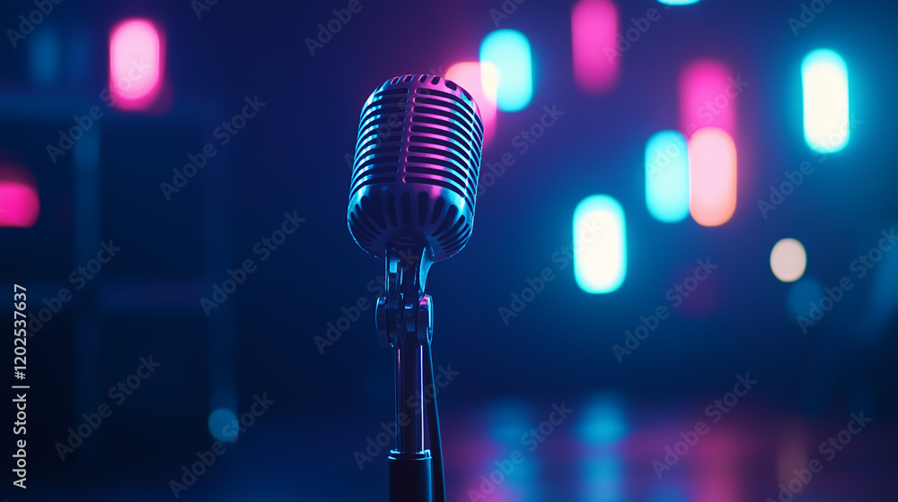 Poster a minimalist yet striking composition of a microphone on a stand with colorful bokeh lights, evoking