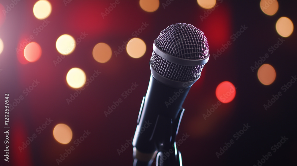 Poster a bold poster-ready design showcasing a microphone in sharp focus, with a bokeh background of twinkl