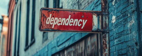 Obraz premium Aging Red Street Sign with the Word Dependency Illustrates the Concept of Support Reliance in an Urban Alleyway with Worn Bricks