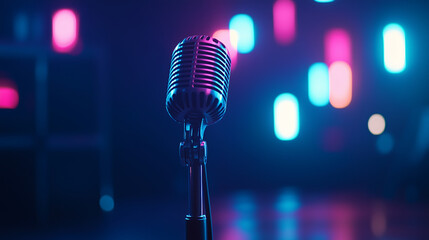 A minimalist yet striking composition of a microphone on a stand with colorful bokeh lights, evoking the lively spirit of a karaoke night or open mic event