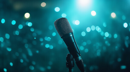 A dazzling spotlight shining on a microphone, surrounded by swirling bokeh light effects in shades of blue and silver, setting the scene for a glamorous singing contest