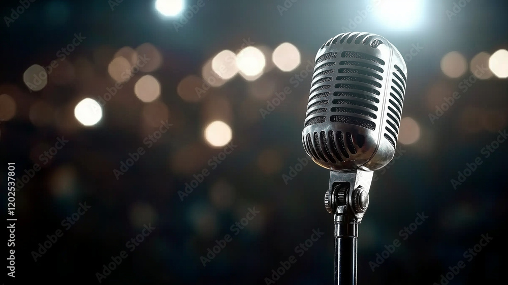 Poster a vintage microphone with a textured grip, set against a bokeh-filled background of shimmering light