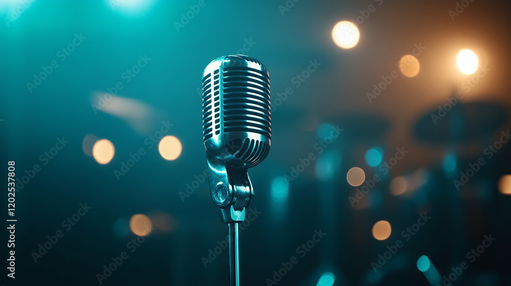 Poster a chrome-finished microphone gleaming under bright stage lights, with a soft-focus bokeh background 