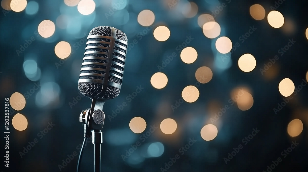 Poster a vintage microphone with a textured grip, set against a bokeh-filled background of shimmering light