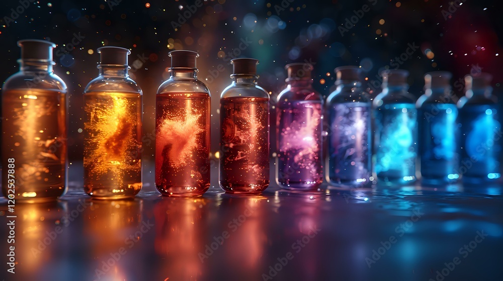 Poster magical glowing potion bottles with colorful liquid and sparkles arranged in rainbow gradient from g