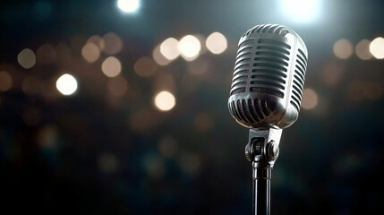 A vintage microphone with a textured grip, set against a bokeh-filled background of shimmering lights, capturing the magic of an open mic and jokes show