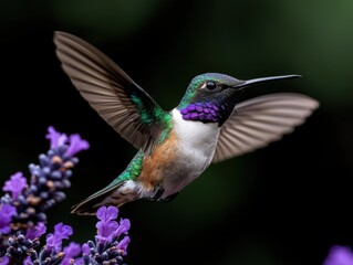 Fototapeta premium Hummingbird in flight near lavender flowers