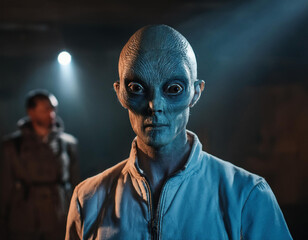 An alien-like figure with blue skin and large eyes stands in a dimly lit setting, with a human figure blurred in the background.
