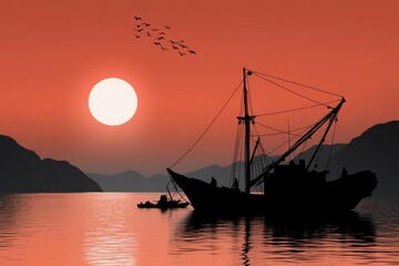 Silhouetted fishing boats are anchored on calm waters during a vibrant sunset, featuring remarkable hues of orange and red. Birds soar above the horizon, enhancing the serene atmosphere