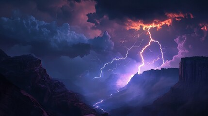 Dramatic lightning strikes illuminate a canyon landscape with powerful energy, stormy clouds