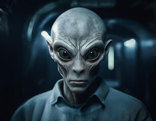 Obraz premium An alien figure with large, dark eyes and grayish skin is portrayed wearing a shirt, set in a dimly lit futuristic corridor.