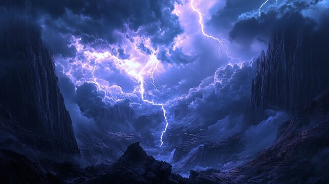 Dramatic sky with lightning strikes over a mountain range with dark jagged peaks and clouds - Powered by Adobe