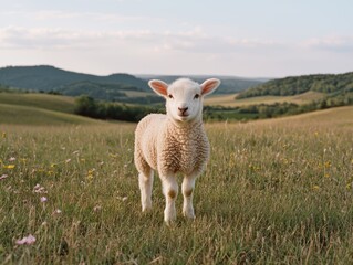 Fototapeta premium Adorable lamb standing in a field of wildflowers