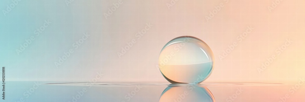 Poster Transparent sphere reflects soft pastel colors against a smooth surface during calm evening light. Generative AI