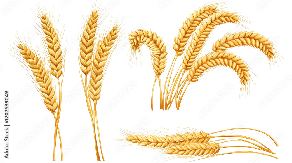 Poster collection of isolated wheat ears on a clear background generative ai