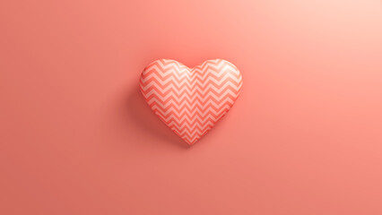 Coral pink sawtooth heart with soft shadow on a coral background. Valentine's day romantic backdrop. 3d render illustration.