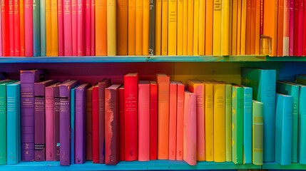 Colorful rainbow arrangement of books on wooden shelves, perfect for education, library, or learning concepts. Vibrant spines create spectrum pattern ideal for background or banner design.