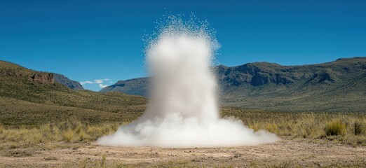 Geyser erupting in a desert landscape