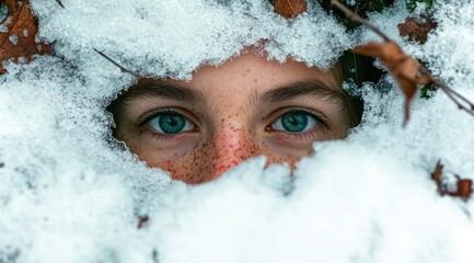 Close-up of a person's face peeking through the snow