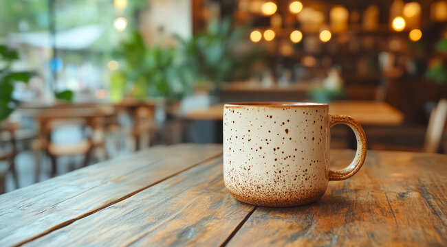 Ceramic coffee mug resting on a rustic wooden table in a cozy cafe ambiance inviting relaxation and warmth to every sip