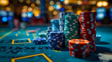 Colorful poker chips stacked on green casino table with atmospheric bokeh lights in background, perfect for gambling, entertainment, and risk management concepts in business or leisure settings.