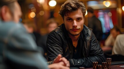 Obraz premium Young Caucasian male poker player in black leather jacket sitting at casino table with chips, atmospheric lighting creates dramatic mood perfect for gambling and entertainment concepts.