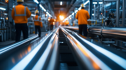 A team of engineers navigating the maze-like gas pipeline network, with reflective lights glinting off polished steel pipes in the heart of an oil and gas refinery