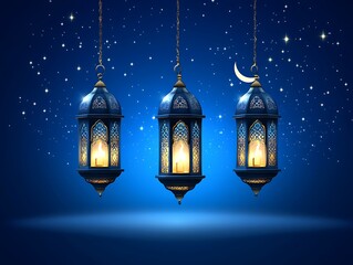 Obraz premium Three ornate lanterns hang against a night sky