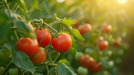 Fresh organic tomatoes growing on vine in garden with natural sunlight and bokeh effect, perfect for healthy eating and farm-to-table concepts.