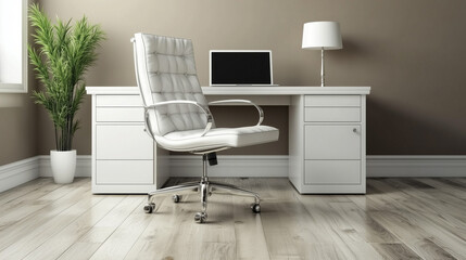 Modern minimalist home office with white furniture and natural light