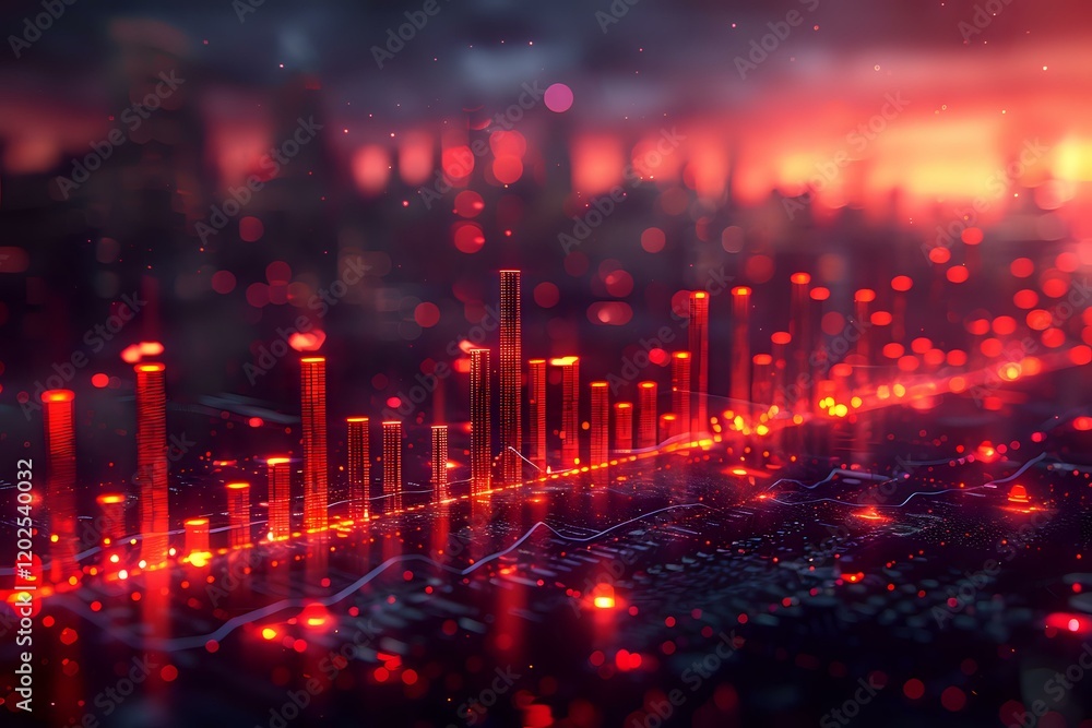 Poster glowing red digital audio equalizer bars visualization with bokeh effects and grid background, perfe