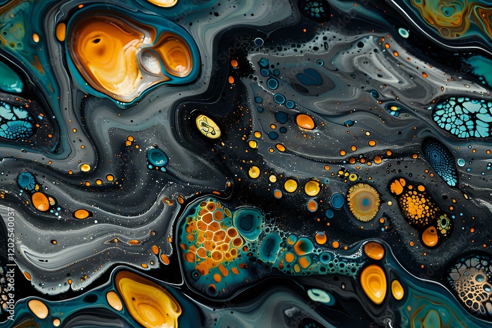 Poster abstract fluid art background with swirling patterns in turquoise, orange, and black. marbled textur