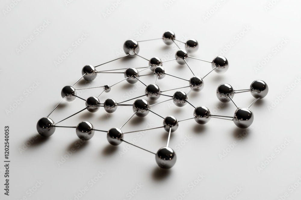Leinwandbilder metallic spheres and rods arranged to form a molecular structure on a plain white background. genera