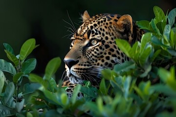 Obraz premium Majestic leopard head emerging from green foliage, showing detailed spotted fur pattern and intense blue eyes. Perfect for wildlife magazines, nature documentaries, and conservation projects.
