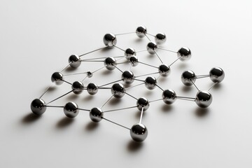 Obraz premium Metallic spheres and rods arranged to form a molecular structure on a plain white background. Generative AI